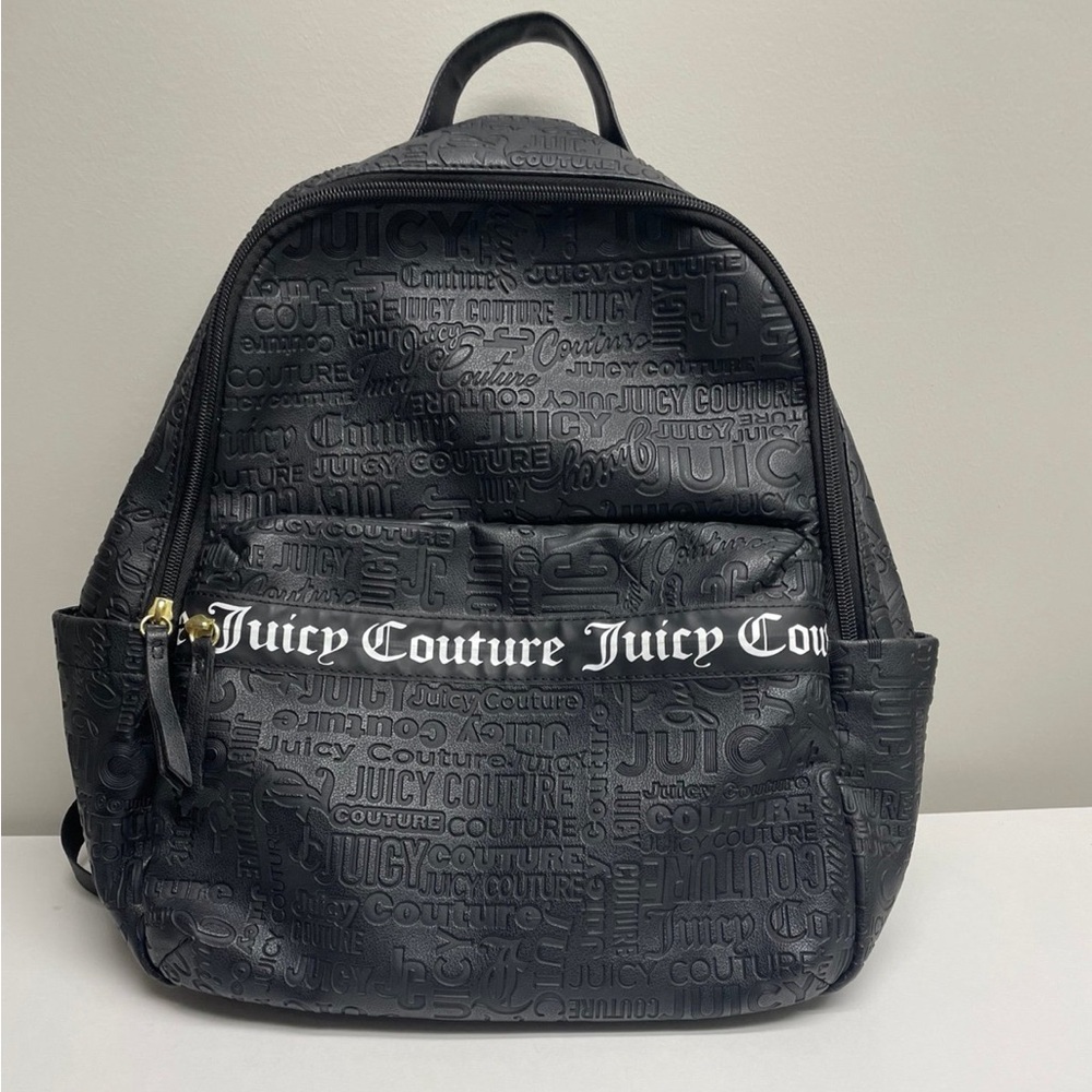 Juicy Couture Pleather Backpack Black Logo Zippers Pockets New without Tags